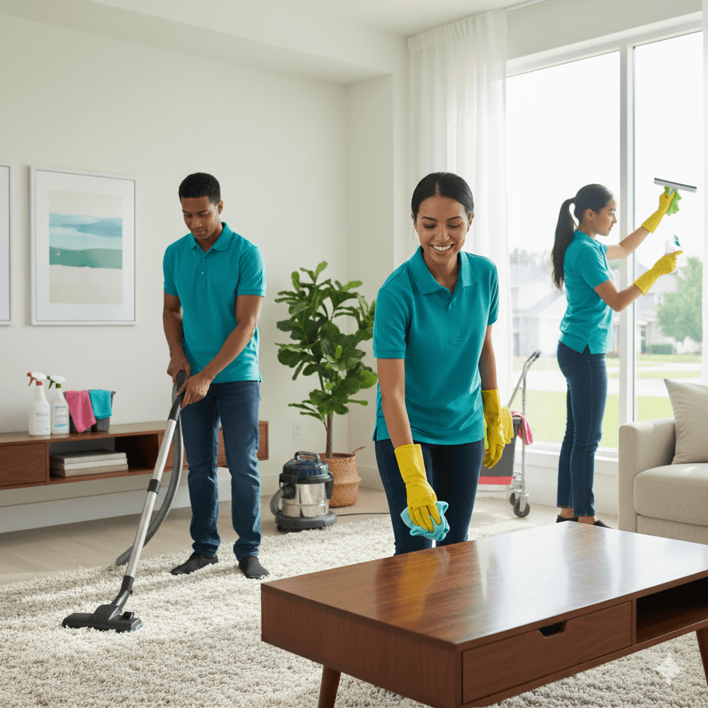 Professional cleaning team ready to clean homes and commercial spaces